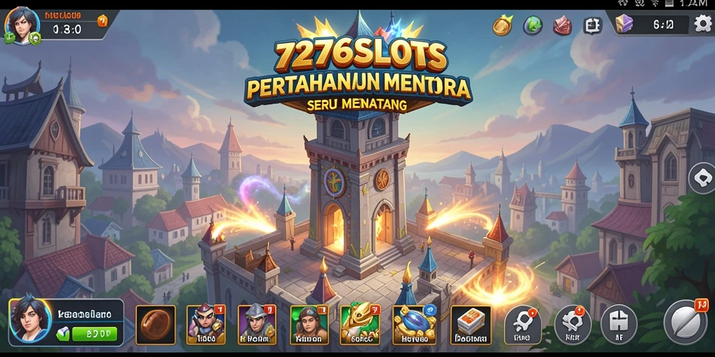 Screenshot gameplay 7276SLOTS menampilkan menara yang heroik bertahan dari gelombang musuh.