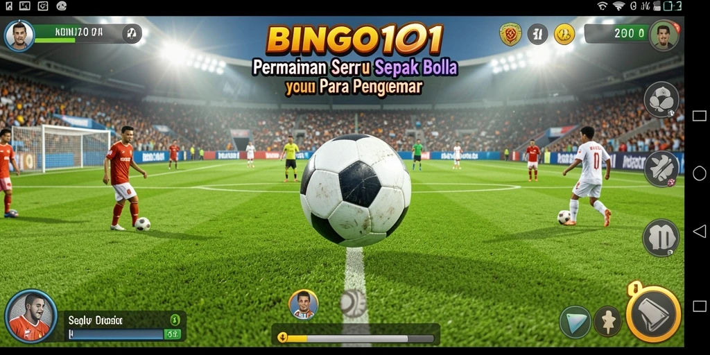 Tangkapan layar gameplay BINGO101 menampilkan aksi seru pertandingan sepak bola.