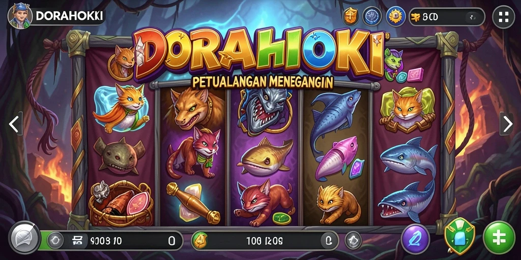 Screenshot gameplay DORAHOKI menampilkan simbol Slot yang berwarna-warni.