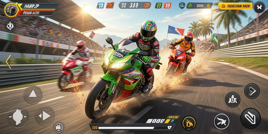 Tampilan gameplay seru dari HARAPJP dengan motor balap yang menakjubkan.