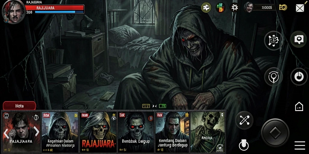 Tampilan gameplay menegangkan di RAJAJUARA yang menghadirkan kegelapan dan ketakutan.