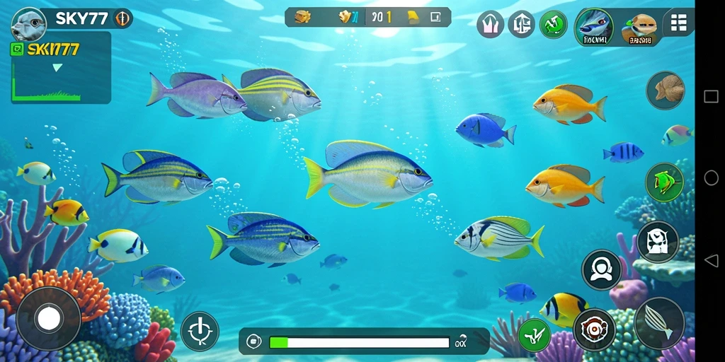 Gameplay seru dalam SKY77 dengan berbagai ikan menarik.