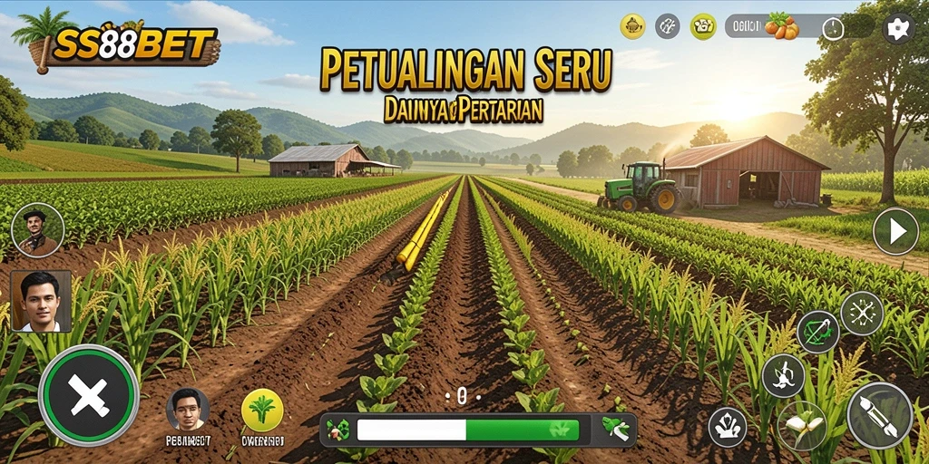 Tampilan gameplay SS88BET yang menampilkan kebun yang subur dan hewan ternak.
